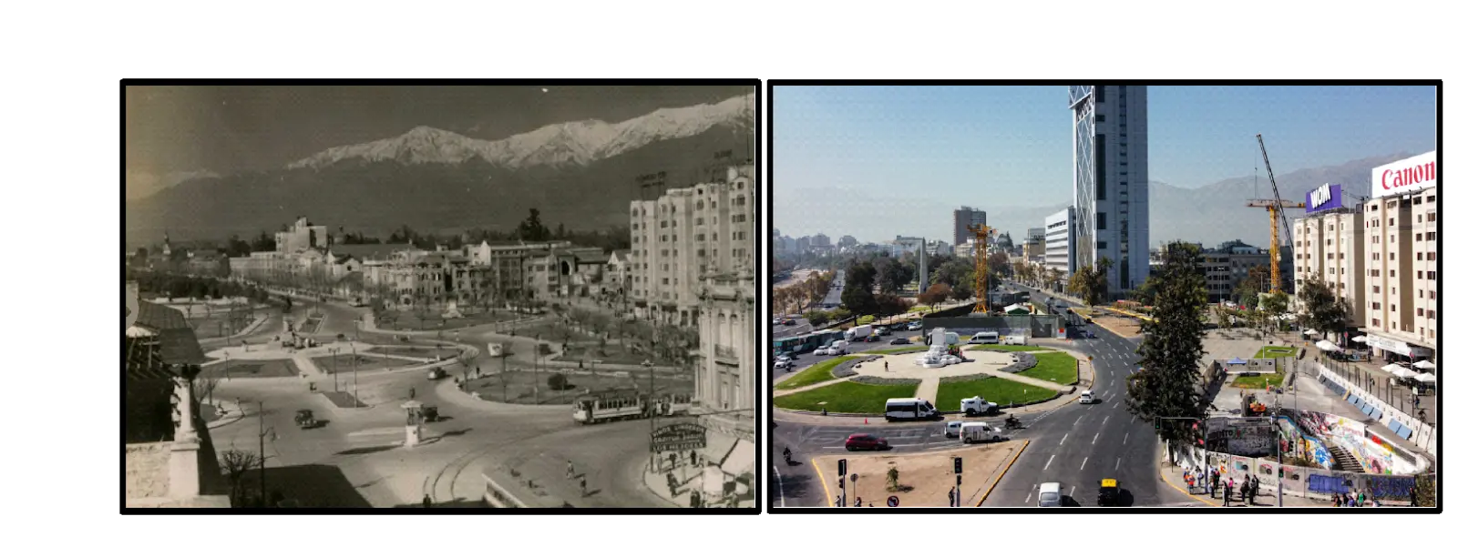 fotos comparativas de Santiago, rotonda plaza baquedano.